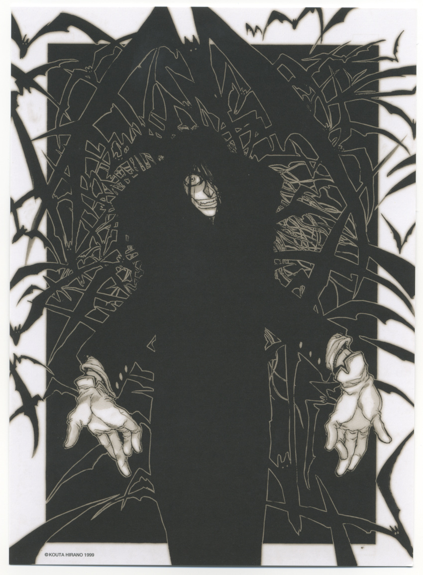 1boy, alucard_(hellsing), bats, black, green, hellsing, long_hair, looking_at_viewer