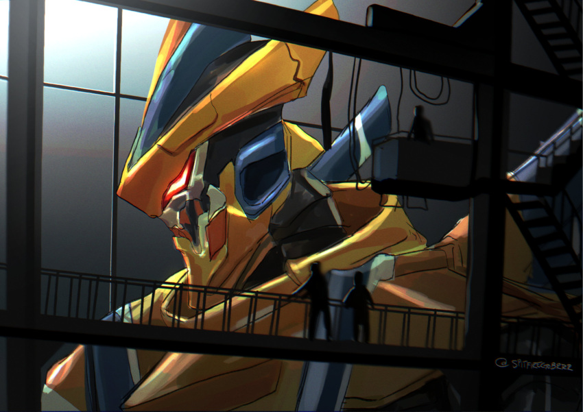 3others, absurdres, apex_legends, cable, from_side, glowing, glowing_eyes, hangar