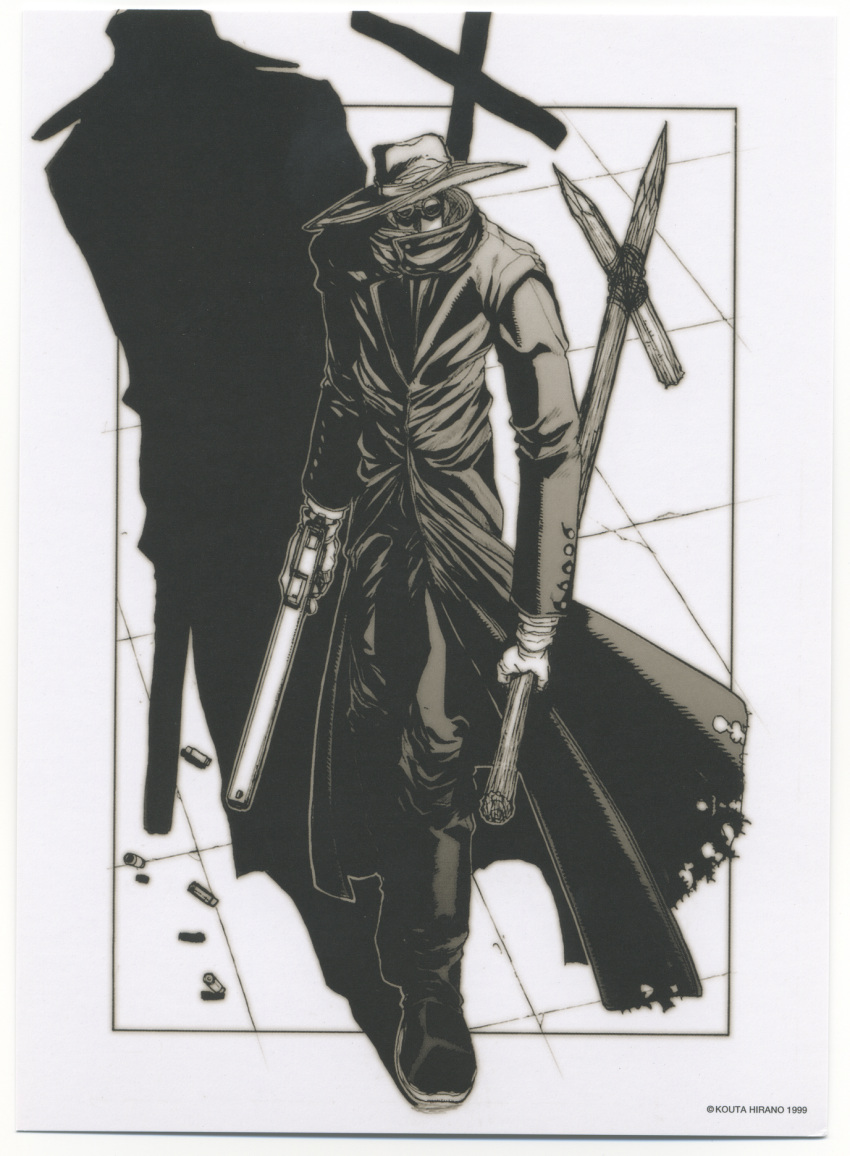 1boy, alucard_(hellsing), boots, cross, gun, hat, hellsing, long_coat, male, manga, monochrome, official_manga, pistol, shadow, solo, sunglasses, vampire, white_gloves