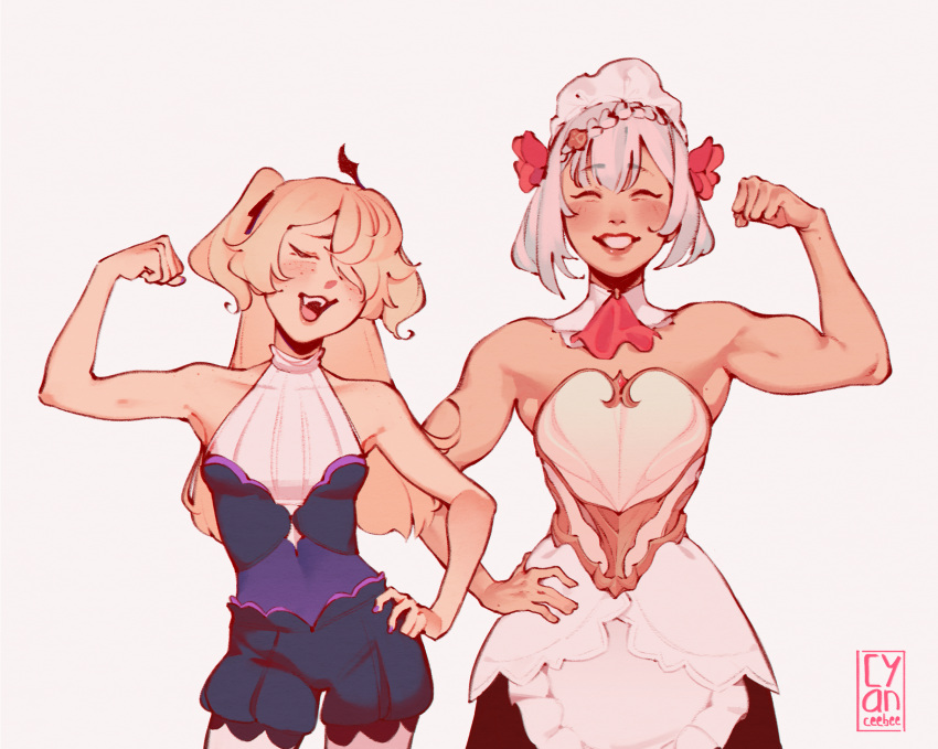 2girls, bare_arms, bare_shoulders, blonde_hair, braid, braided_bangs, closed_eyes, closed_mouth, cropped_legs, cyber_(cyanceebee), detached_collar, dress, fischl_(genshin_impact), flexing, flower, genshin_impact, grey_hair, hair_between_eyes, hair_flower, hair_ornament, hair_over_one_eye, hand_on_hip, highres, maid, maid_headdress, multiple_girls, muscular, muscular_female, noelle_(genshin_impact), pose, simple_background, two_side_up, white_background