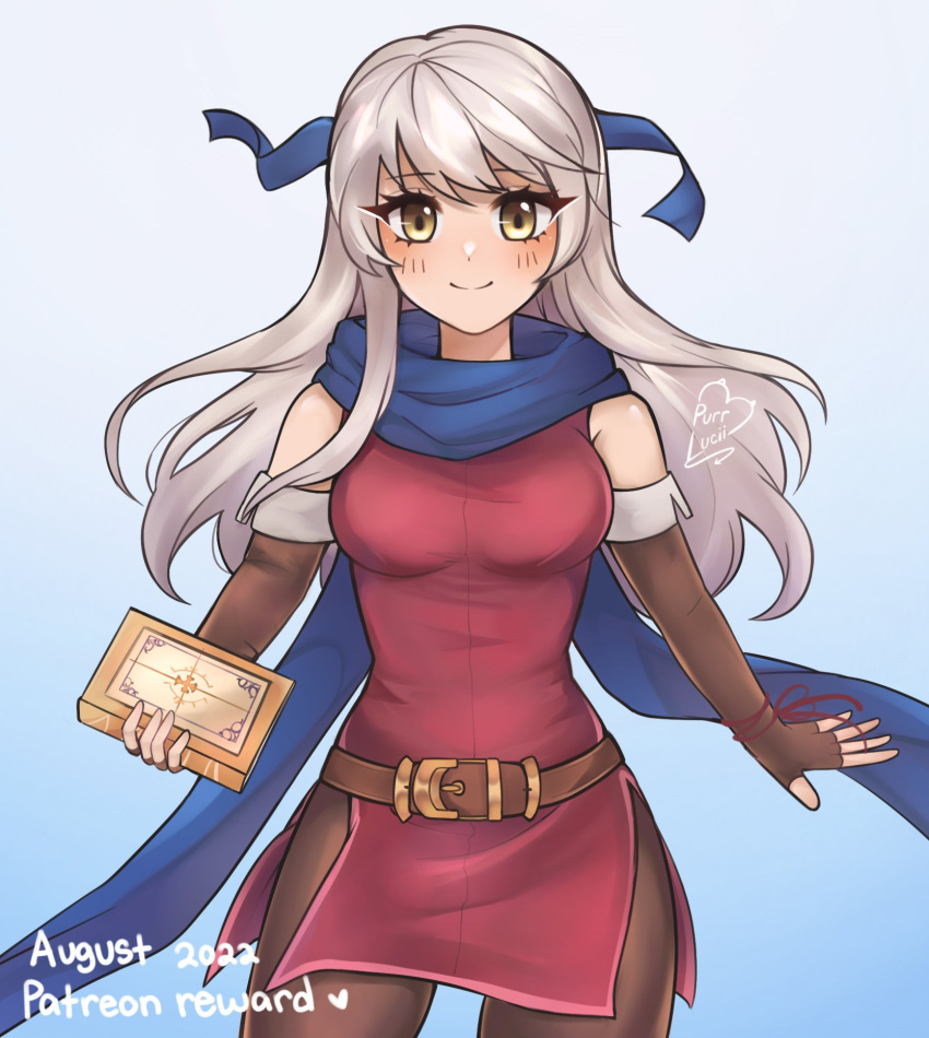 1girl, 2022, artist_name, bangs, bare_shoulders, belt, blue_background, blue_scarf