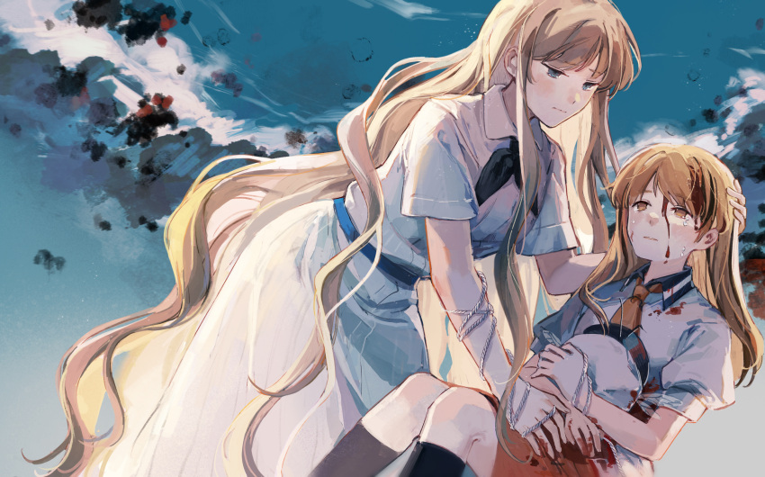 2girls, aircraft_carrier, black_neckerchief, black_socks, blonde_hair, blood, blood_on_clothes, blood_on_face, brown_eyes, cruiser, dress, hat, headwear_removed, highres, long_hair, mecha_musume, military, military_vehicle, multiple_girls, neckerchief, necktie, orange_necktie, original, personification, puffy_sleeves, ship, short_sleeves, socks, uss_hornet_(cv-8), uss_northampton_(ca-26), very_long_hair, warship, watercraft, white_dress, yorktown_cv-5