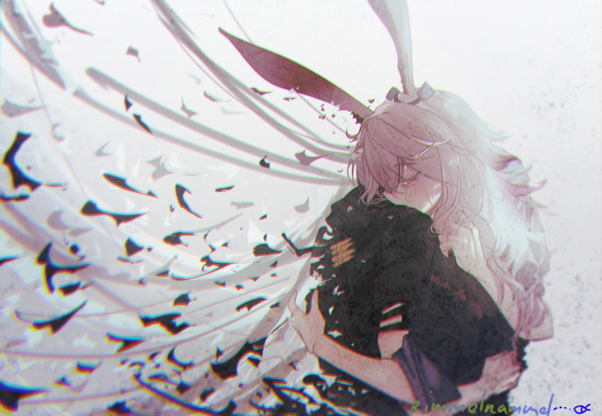 1girl, animal_ears, artist_name, back, bangs, black_jacket, closed_eyes, closed_mouth