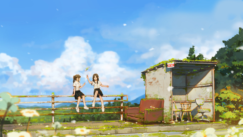 2girls, absurdres, black_hair, black_skirt, blue_sky, bottle, bus_stop, chair