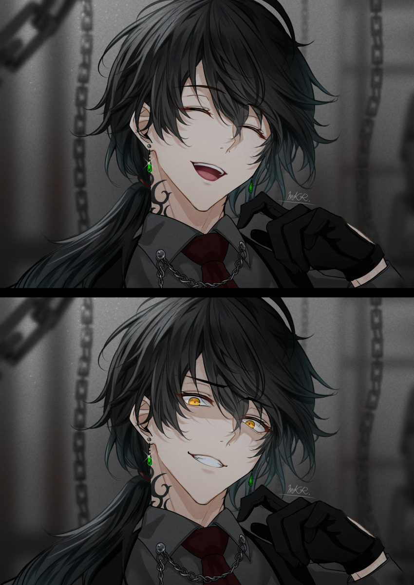 1boy, absurdres, black_hair, chain, closed_eyes, closed_mouth, collared_shirt, earrings, grey_shirt, highres, jewelry, long_hair, looking_at_viewer, low_ponytail, makura_wet, male_focus, neck_tattoo, necktie, open_mouth, original, red_necktie, shirt, side_ponytail, smile, solo, tattoo, teeth, yellow_eyes