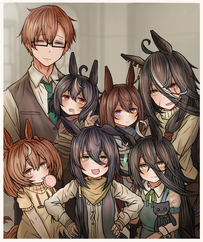 1boy, 6+girls, absurdres, aged_down, ahoge, animal_ears, bandana, bangs