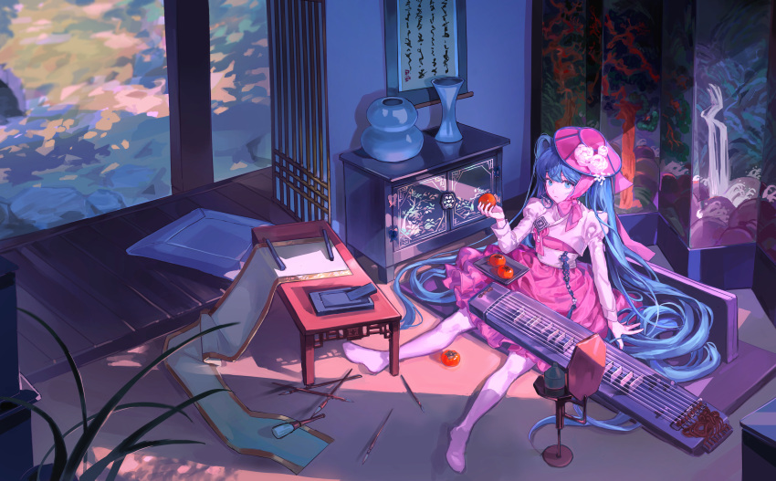 1girl, absurdres, bangs, blue_eyes, blue_hair, cabinet, calligraphy_brush, chin_strap