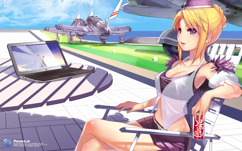 1920x1200, armband, belt, blonde_hair, blue_eyes, blue_sky, bra, cecilia