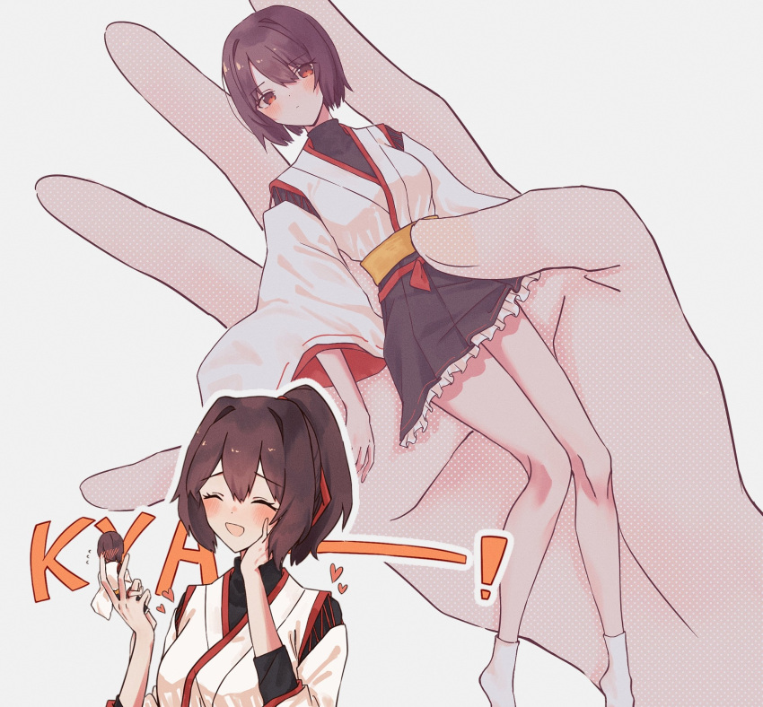 2girls, black_hakama, brown_eyes, brown_hair, delta_(063k1z5shio), hakama, hakama_short_skirt, hakama_skirt