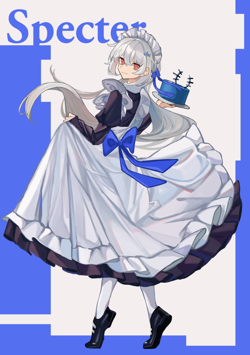 1girl, absurdres, alternate_costume, apron, apron_hold, arknights, back_bow, black_dress