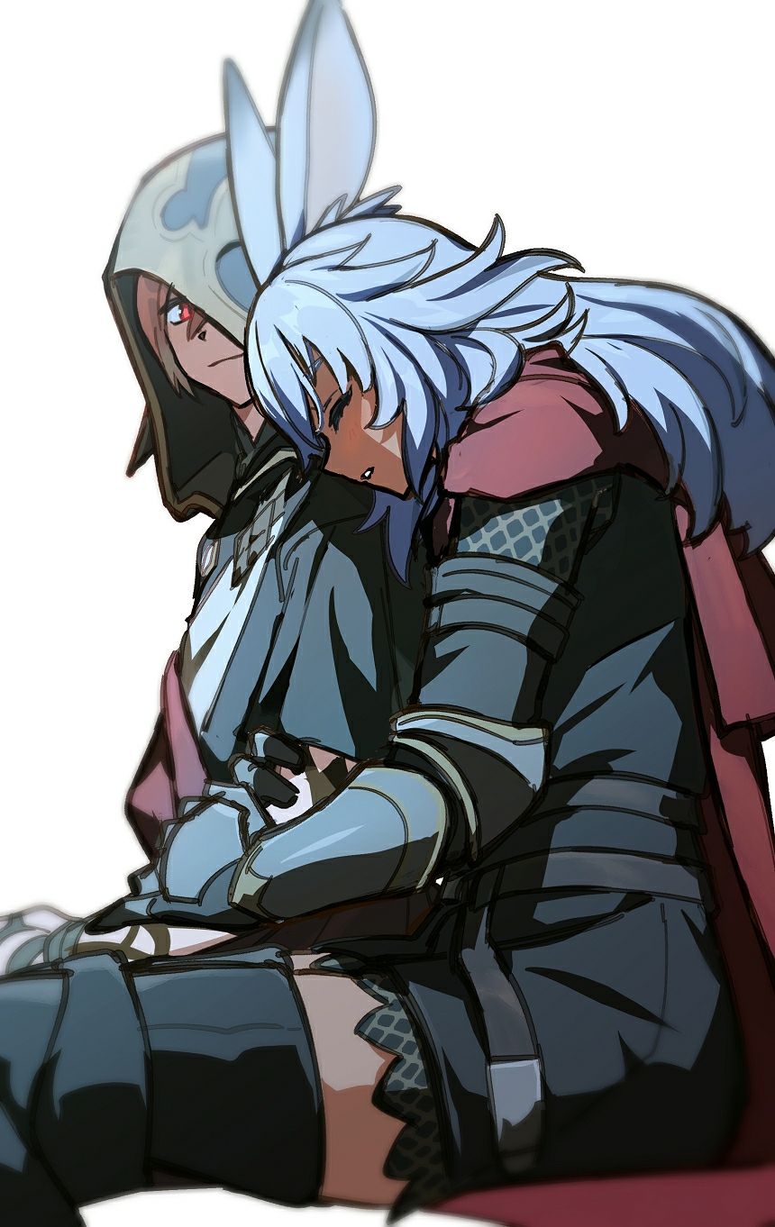1boy, 1girl, animal_ears, arm_hug, armor, bangs, black_robe, blue_hair