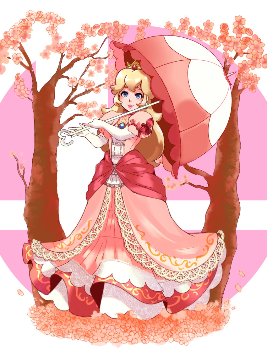 1girl, blonde_hair, blue_eyes, cherry_blossoms, crown, dress, elbow_gloves, full_body, gloves, hair_between_eyes, highres, holding, holding_umbrella, long_dress, long_hair, looking_at_viewer, mini_crown, ornate_clothes, parasol, pink_dress, princess_peach, puffy_short_sleeves, puffy_sleeves, short_sleeves, smile, softp3ach, solo, super_mario_bros., tree, umbrella, white_gloves