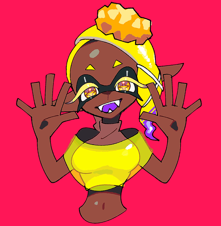 1girl, :d, bare_shoulders, blonde_hair, breasts, colored_eyelashes, crop_top, cross-shaped_pupils