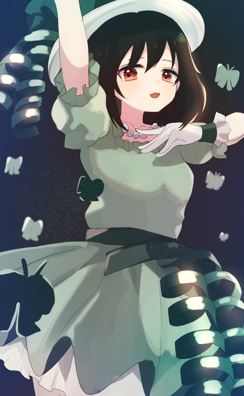 1girl, :d, absurdres, bead_necklace, beads, black_background, black_hair, dress