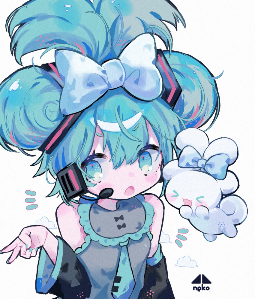 1girl, ^_^, aqua_eyes, aqua_hair, artist_logo, artist_name, blue_bow, blue_nails