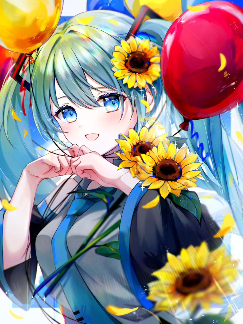 1girl, :d, aqua_eyes, aqua_hair, balloon, bangs, blue_necktie, flower