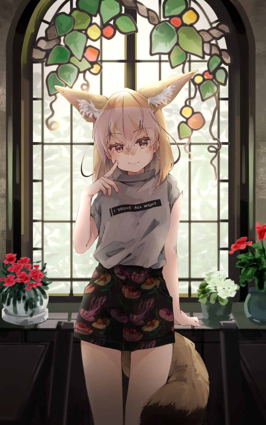 alternate_costume, animal_ears, black_shorts, blonde_hair, casual, commentary_request, cowboy_shot, extra_ears