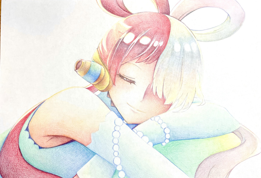 1girl, colored_pencil_(medium), elbow_gloves, gloves, hair_over_one_eye, hair_rings, headphones, highres, jrrd, long_hair, multicolored_hair, one_piece, pillow, redhead, shiny, shiny_hair, sleeping, sleeveless, smile, solo, split-color_hair, traditional_media, two-tone_hair, upper_body, uta_(one_piece), white_background, white_hair