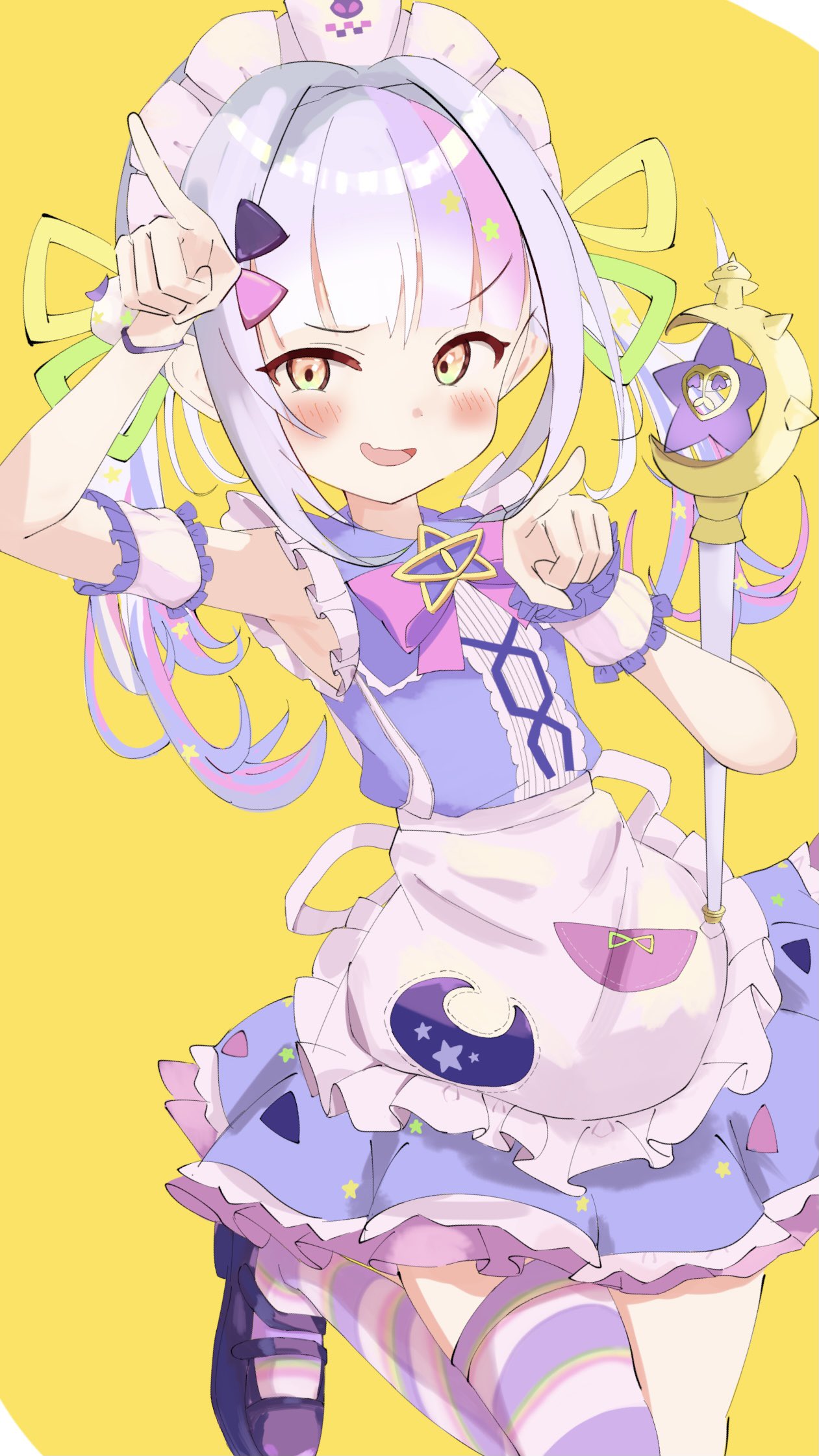 1girl, apron, bangs, black_footwear, blunt_bangs, blush, bow, bowtie, fang, grey_hair, hair_ribbon, highres, hololive, knee_up, long_hair, looking_at_viewer, magical_girl, maid, maid_headdress, mary_janes, multicolored_hair, murasaki_shion, nosu_(pewk_x4b), official_alternate_costume, official_alternate_hairstyle, pink_bow, pink_bowtie, pink_hair, pointing, pointing_at_viewer, purple_hair, purple_shirt, purple_skirt, ribbon, shirt, shoes, skin_fang, skirt, sleeveless, sleeveless_shirt, smirk, smug, solo, standing, standing_on_one_leg, streaked_hair, striped, striped_thighhighs, thigh-highs, twintails, virtual_youtuber, waist_apron, wand, white_apron, wrist_cuffs, yellow_background, yellow_eyes
