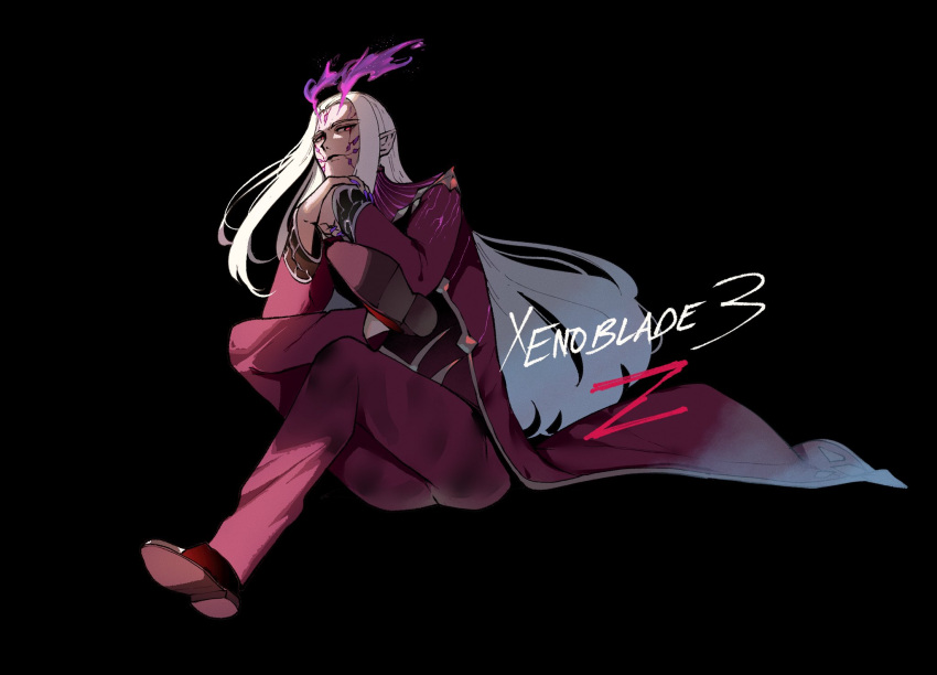 1boy, black_background, character_name, copyright_name, cracked_skin, crossed_legs, fire, flame, formal, highres, invisible_chair, long_hair, long_sleeves, looking_at_viewer, male_focus, nail_polish, nyantcha, pointy_ears, purple_nails, red_eyes, red_footwear, red_suit, simple_background, sitting, suit, turtleneck, white_hair, xenoblade_chronicles_(series), xenoblade_chronicles_3, z_(xenoblade)