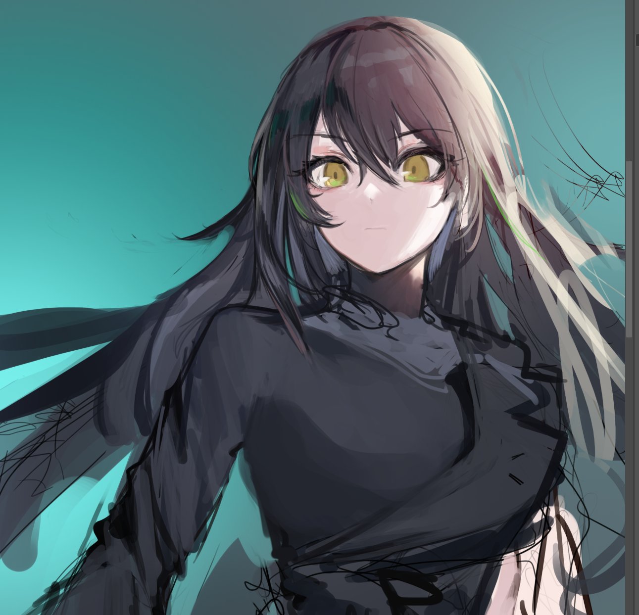 1girl, bangs, black_hair, breasts, closed_mouth, dandelion_(girls'_frontline), dress, expressionless