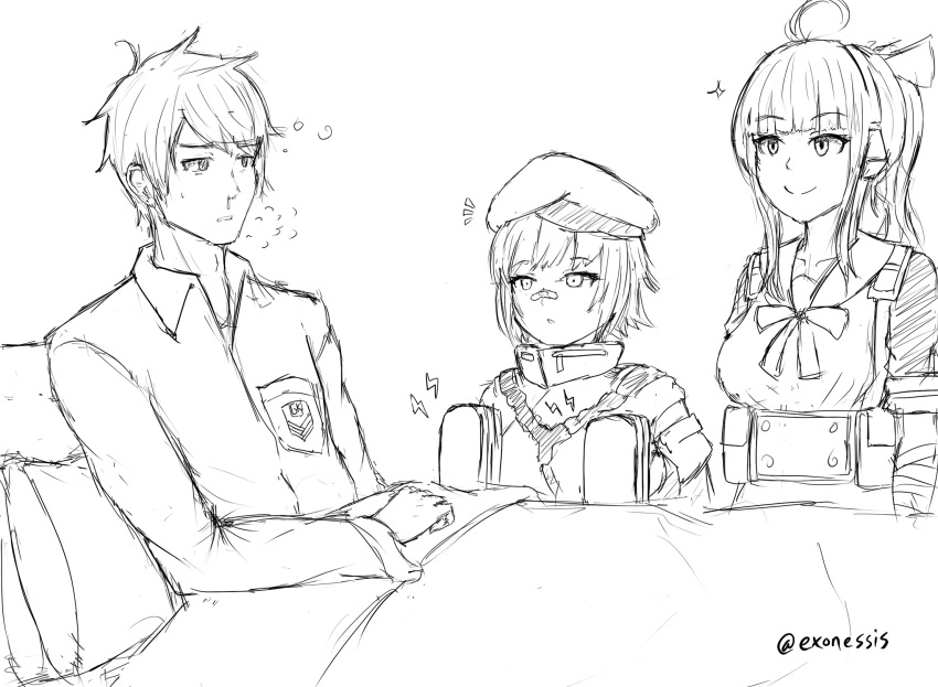 1boy, 2girls, ahoge, bandaid, bandaid_on_face, bandaid_on_nose, bangs, bed