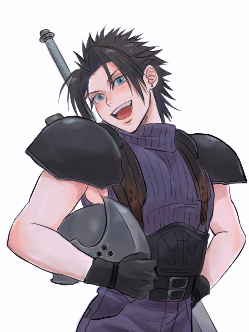 1boy, armor, bangs, belt, black_gloves, blue_eyes, blue_pants, blue_shirt, cowboy_shot, crisis_core_final_fantasy_vii, earrings, final_fantasy, final_fantasy_vii, gloves, hair_between_eyes, helmet, highres, holding, holding_helmet, jewelry, looking_at_viewer, male_focus, multiple_belts, niburuchan_zc, open_mouth, pants, parted_bangs, shirt, short_hair, shoulder_armor, single_earring, sleeveless, sleeveless_turtleneck, smile, solo, spiky_hair, suspenders, sword, teeth, turtleneck, upper_teeth, weapon, weapon_on_back, white_background, zack_fair