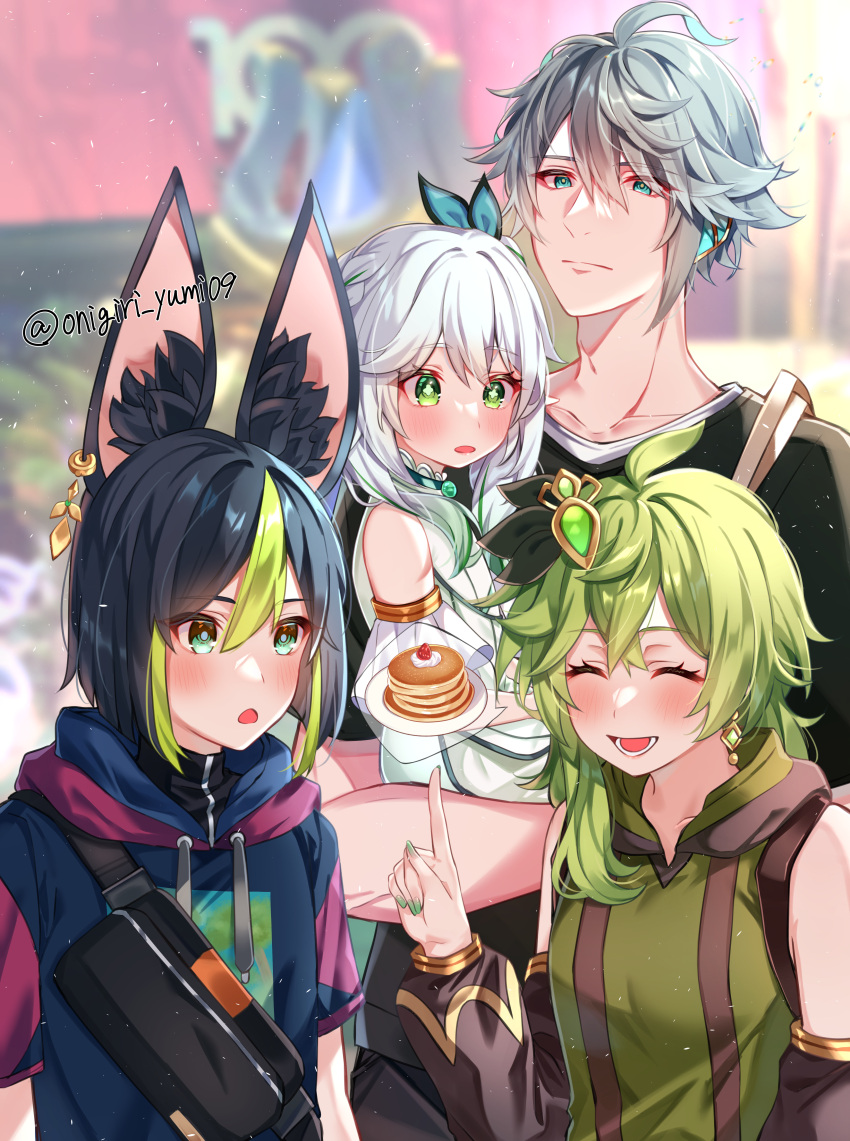 2boys, 2girls, absurdres, al-haitham_(genshin_impact), alternate_costume, animal_ear_fluff, animal_ears, bag