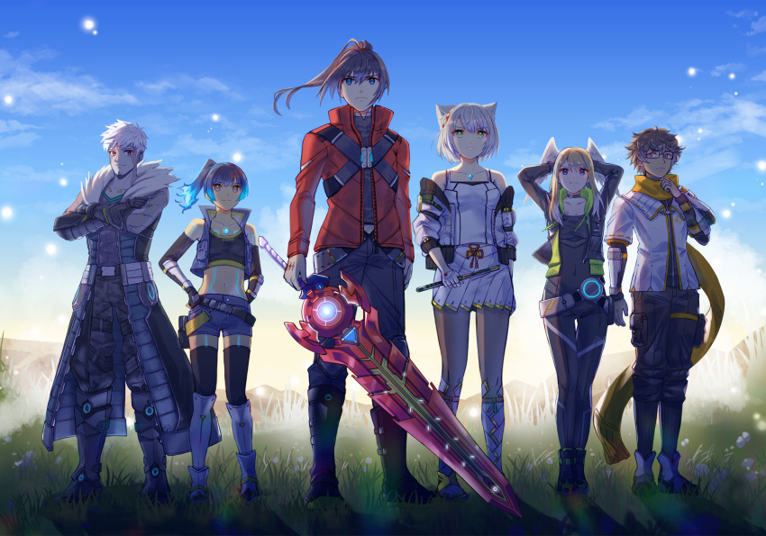 3boys, 3girls, animal_ears, arms_behind_head, bare_shoulders, belt, black_hair, blonde_hair
