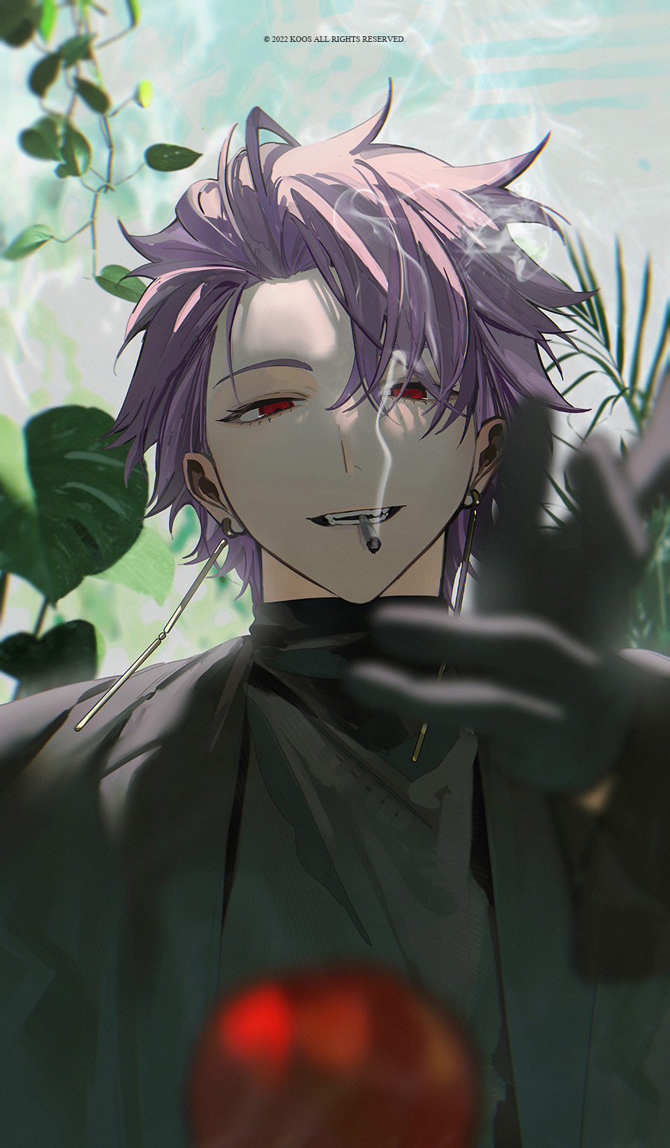 1boy, black_gloves, black_jacket, black_sweater, blurry, blurry_foreground, cigarette, earrings, gloves, hair_behind_ear, half-closed_eyes, highres, jacket, jewelry, k00s, leaf, open_hand, purple_hair, red_eyes, saibou_shinkyoku, smile, smoking, solo, sweater, theodore_riddle, upper_body