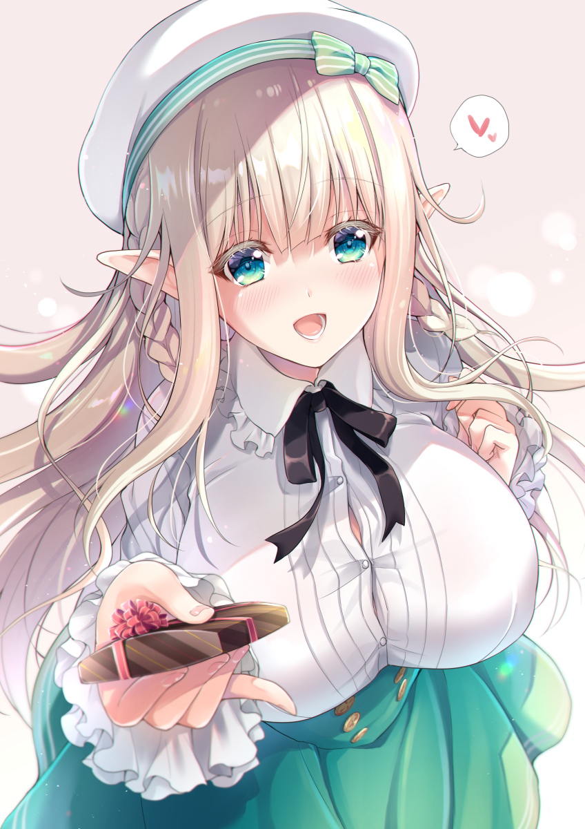 blonde_hair, blue_eyes, blush, braid, breasts, chocolate, elf, food