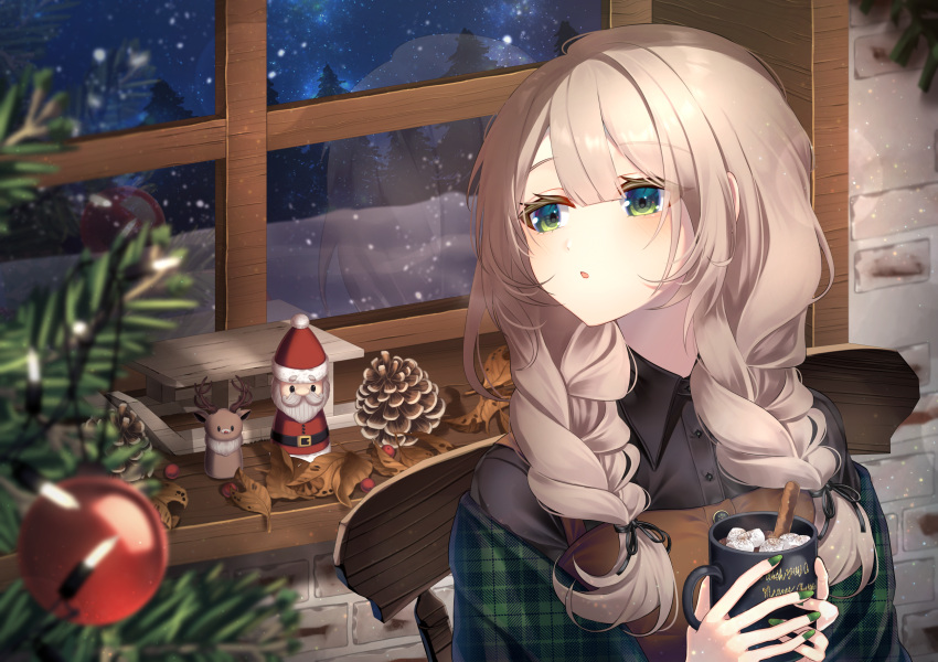 1girl, :o, bangs, blush, braid, brown_hair, christmas, christmas_lights