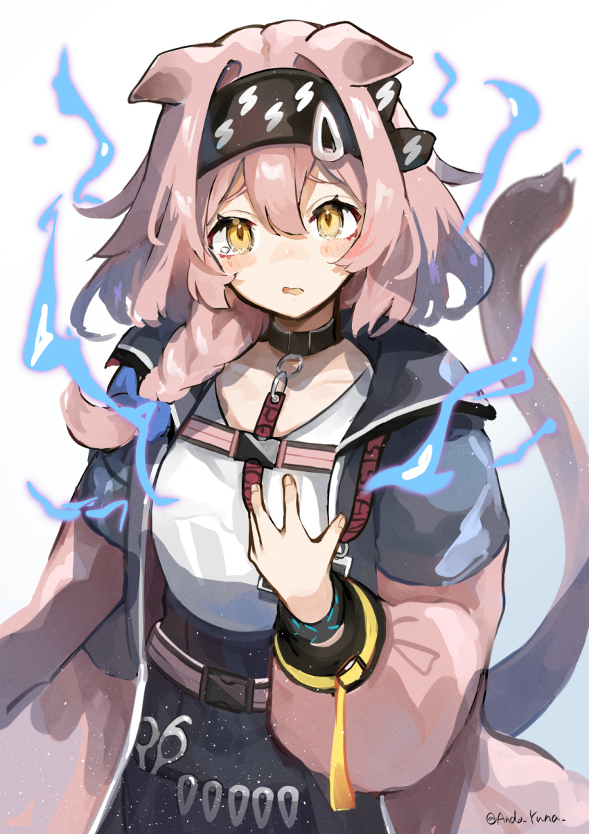1girl, andou_yuna, animal_ears, arknights, bangs, black_hairband, black_skirt, blue_bow