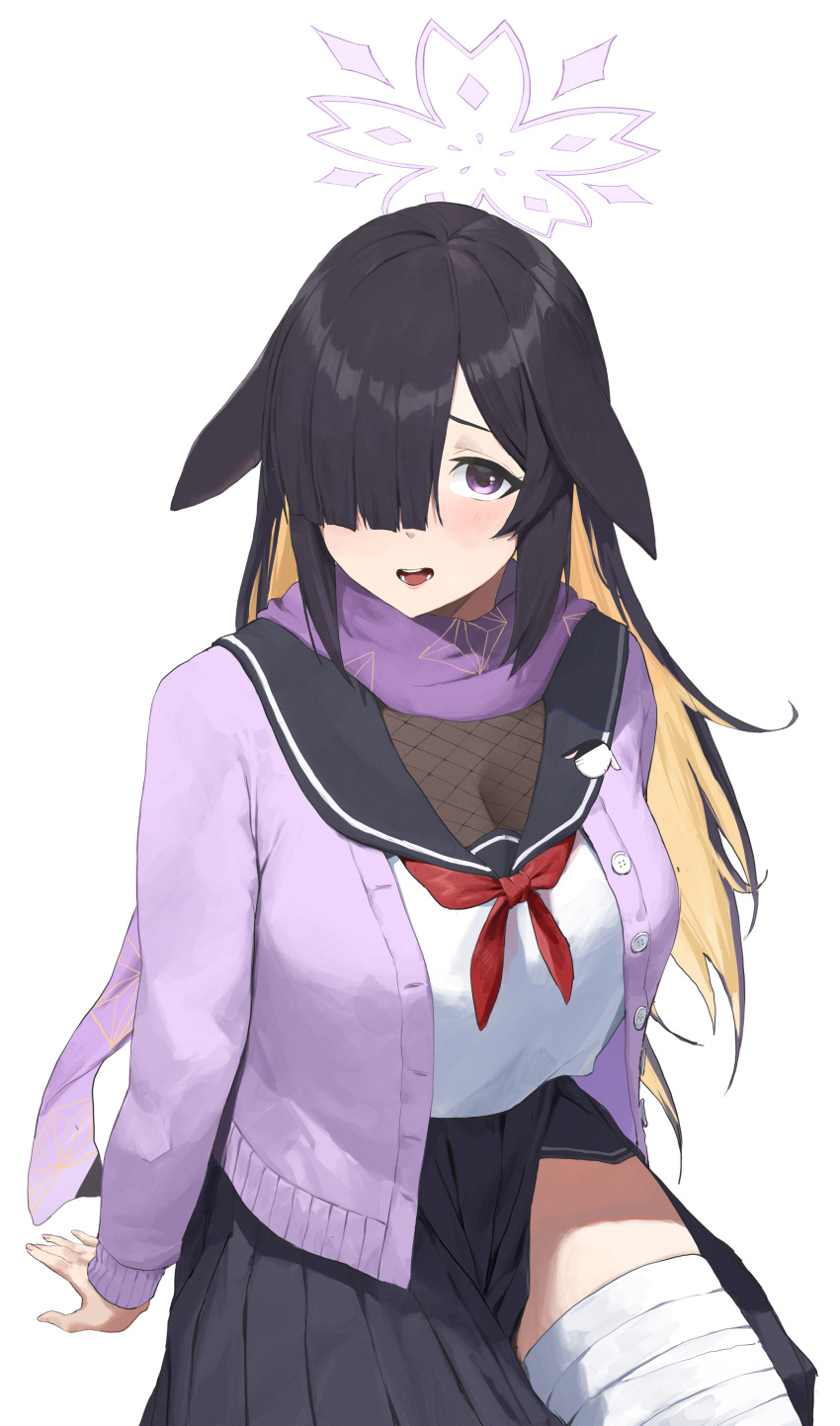 1girl, absurdres, animal_ears, bandaged_leg, bandages, bangs, black_hair, black_skirt