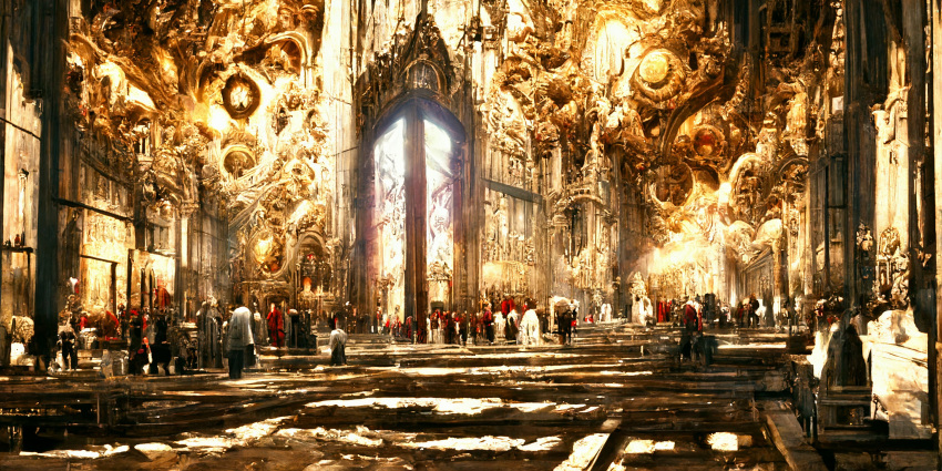 absurdres, amber_(gemstone), building, church, crowd, fantasy, gate, gem