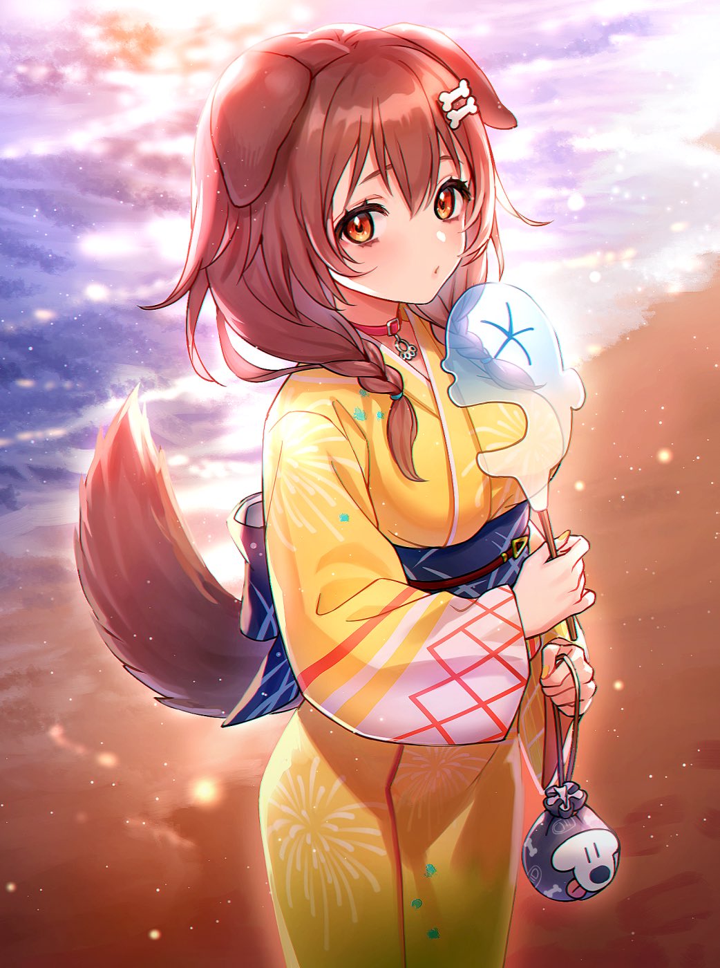 1girl, alternate_costume, animal_collar, animal_ears, bag, beach, blush, bone_hair_ornament