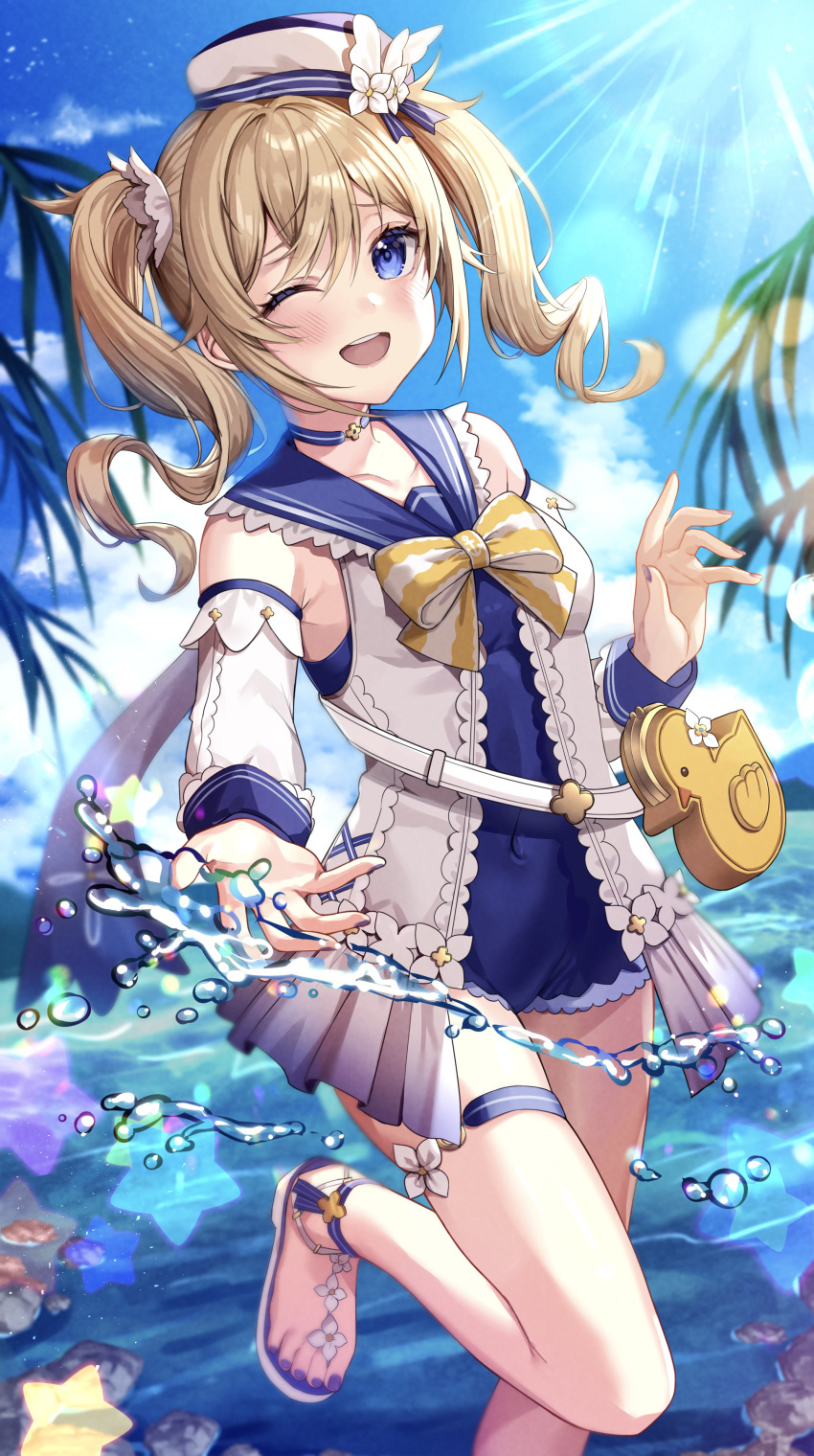 1girl, :d, absurdres, bangs, barbara_(genshin_impact), barbara_(summertime_sparkle)_(genshin_impact), bird, blonde_hair