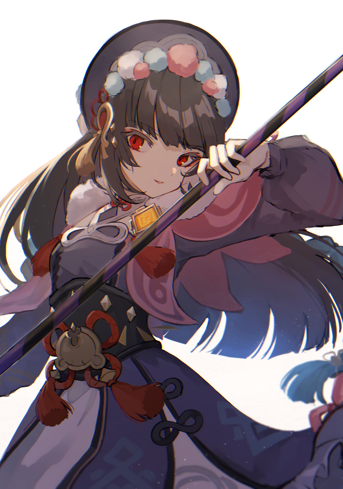 1girl, bangs, black_hair, blunt_bangs, bonnet, breasts, capelet, dress