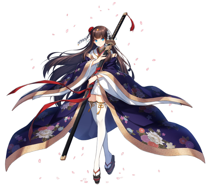 1girl, absurdres, blue_eyes, brown_hair, counter:side, floral_print, hair_ornament, highres, japanese_clothes, long_hair, looking_at_viewer, nanahara_chinatsu, official_art, petals, sandals, solo, sword, tachi-e, thigh-highs, transparent_background, weapon