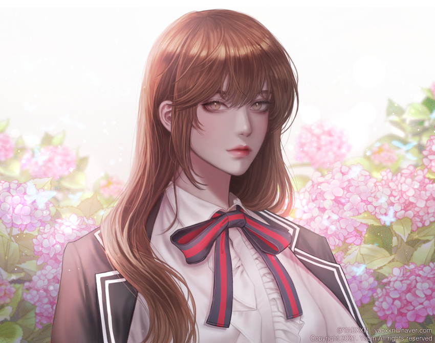 1girl, blurry, blurry_background, bow, bowtie, brown_eyes, brown_hair, collared_shirt