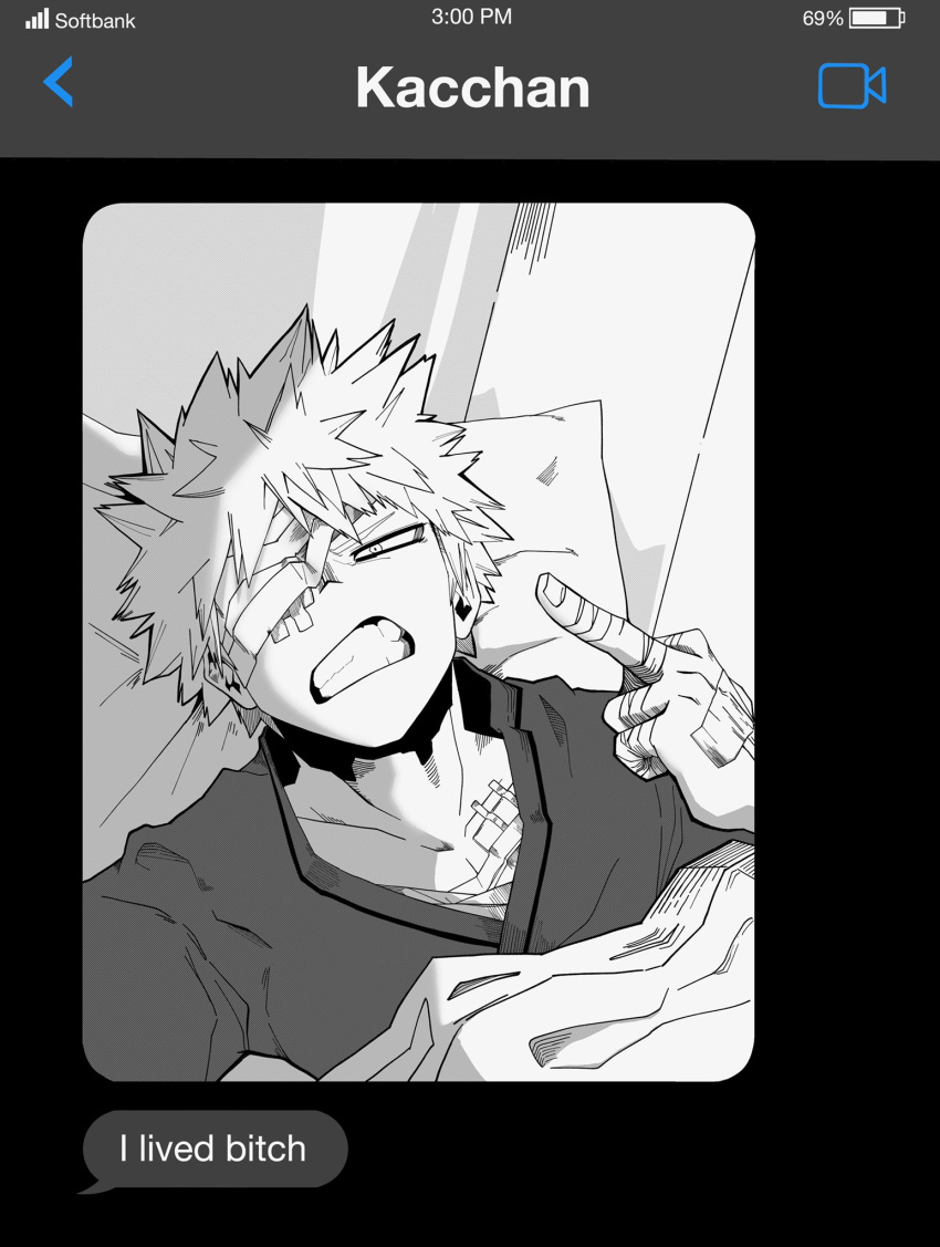 bakugou_katsuki, bed, boku_no_hero_academia, highres, hospital_bed, hospital_gown, i_lived_bitch_(meme), meme