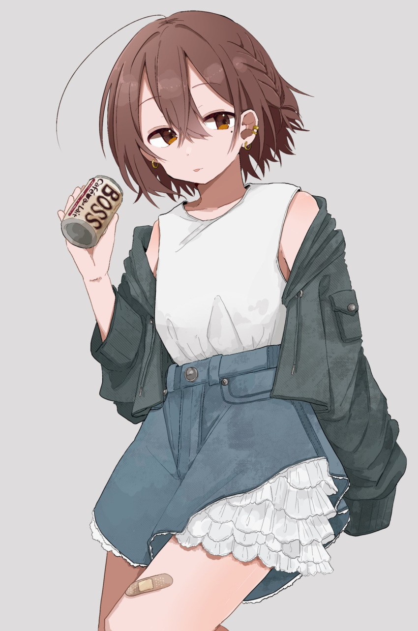 1girl, ahoge, asuka_kanzaki, bandaid_on_thigh, bangs, black_jacket, boss_coffee, braid, brown_hair, buttons, can, canned_coffee, closed_mouth, denim, denim_skirt, dot_nose, dress, ear_piercing, earrings, frilled_dress, frills, grey_background, hair_between_eyes, highres, holding, holding_can, jacket, jewelry, knee_up, ksrgiing, long_sleeves, mole, mole_under_eye, original, piercing, pocket, short_hair, side_braid, simple_background, single_braid, skirt, sleeveless, sleeveless_dress, solo, standing, tongue, tongue_out, white_dress