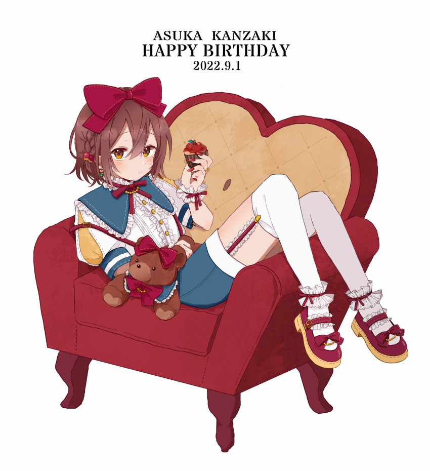 1girl, ankle_cuffs, armchair, asuka_kanzaki, bangs, beads, blue_capelet, bow