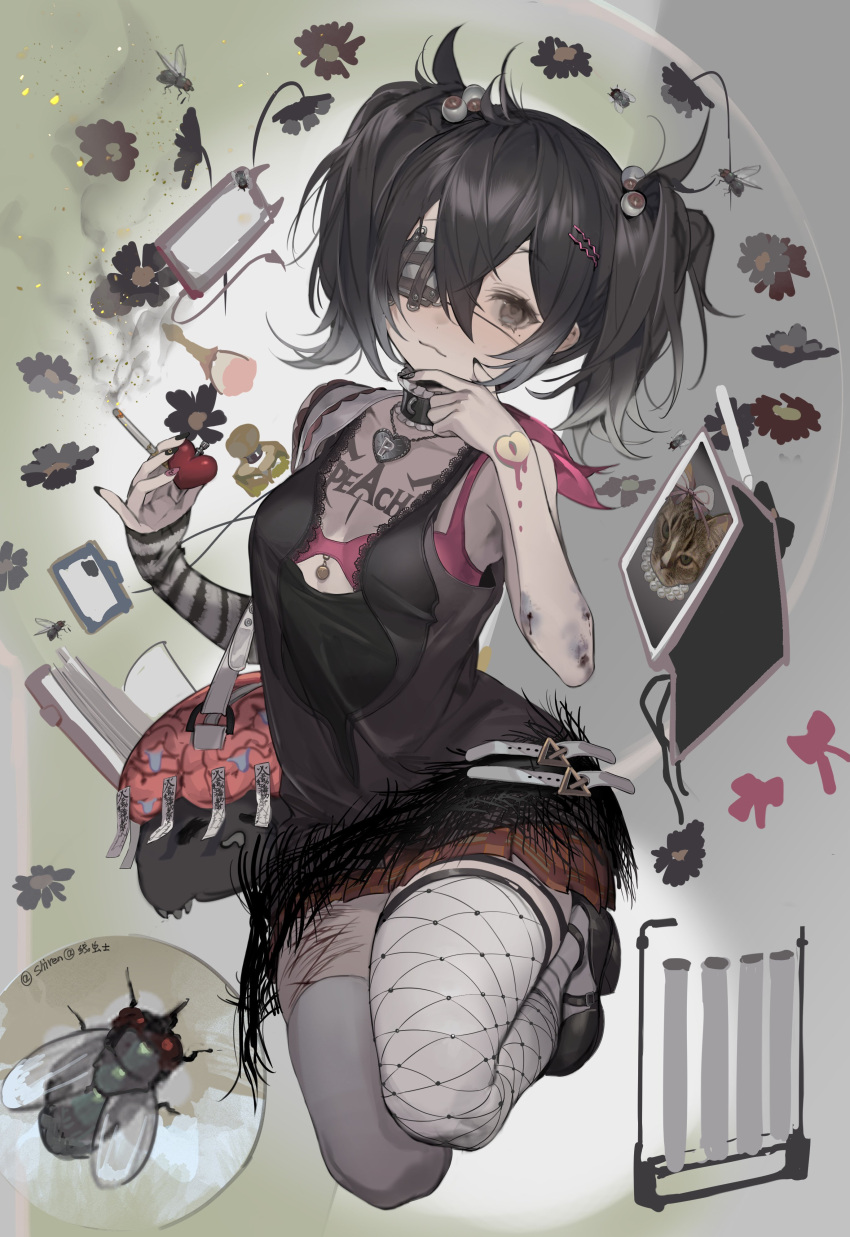 1girl, absurdres, bag, black_eyes, black_flower, black_hair, black_nails, blood, blood_on_hands, bruise, bug, choker, eyeball, eyepatch, flower, fly, framed_image, full_body, hair_between_eyes, hair_ornament, hairclip, head_tilt, heart, highres, injury, lace-trimmed_legwear, lace_trim, lock, looking_at_viewer, mole, mole_under_eye, smoke, smoking, solo, twintails, xianchong_shi