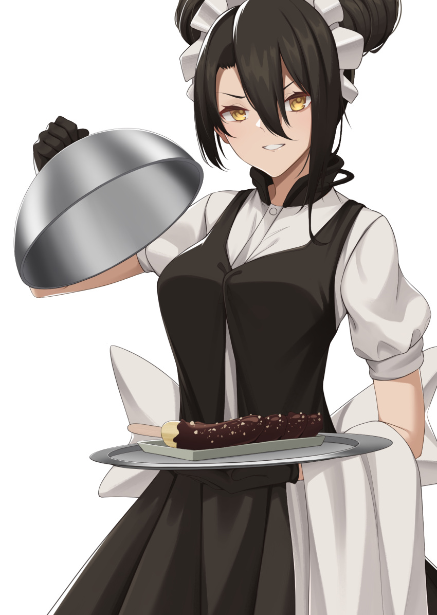 1girl, act_(xadachit), agent_(girls'_frontline), asymmetrical_hair, black_dress, black_gloves, black_hair, chocolate_banana