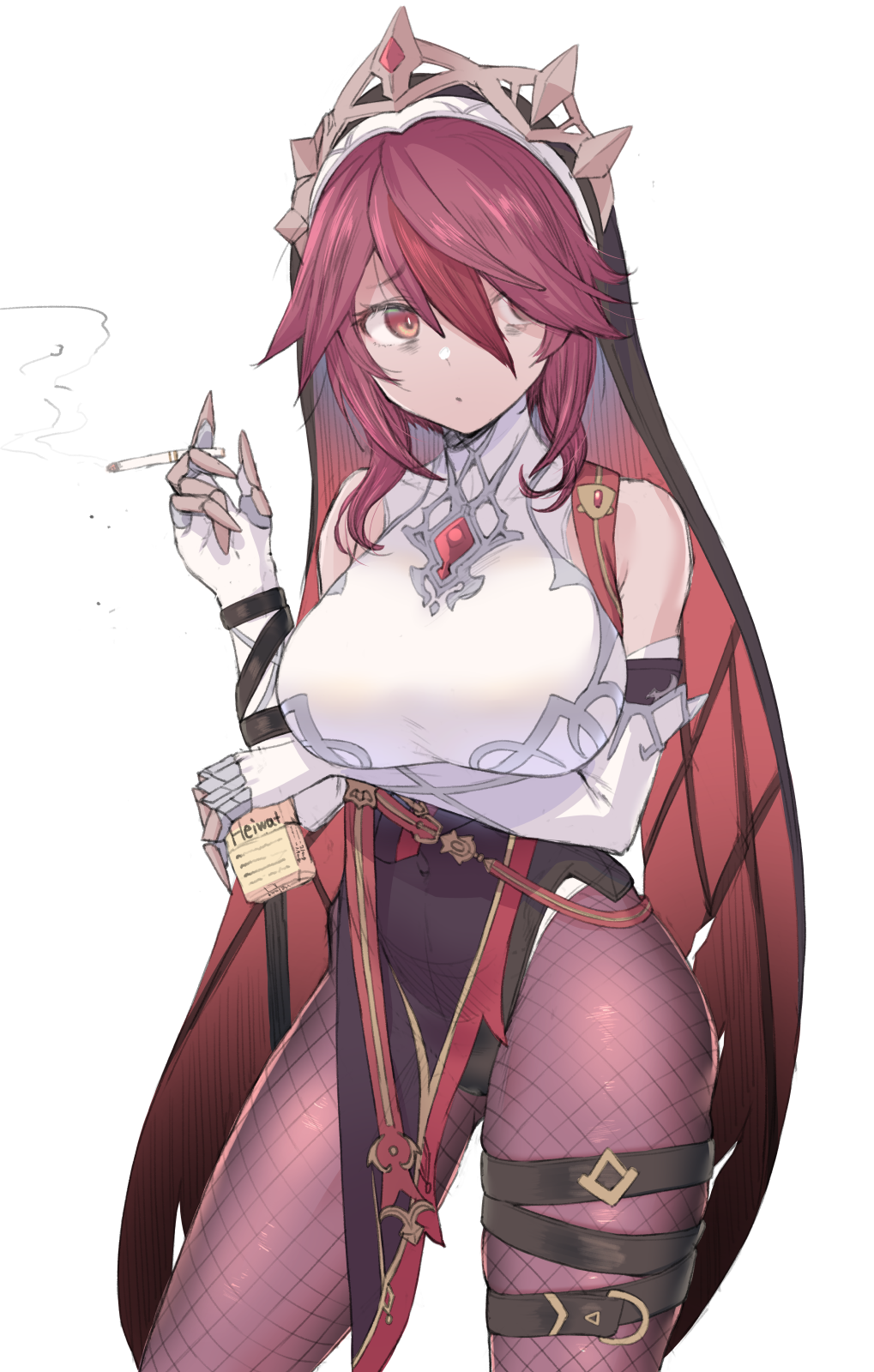 1girl, bags_under_eyes, bare_shoulders, breasts, cigarette, cigarette_pack, covered_navel, elbow_gloves