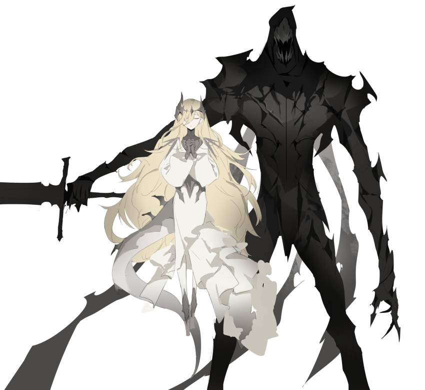 1boy, 1girl, armor, black_armor, black_scarf, black_vs_white, blonde_hair, breastplate
