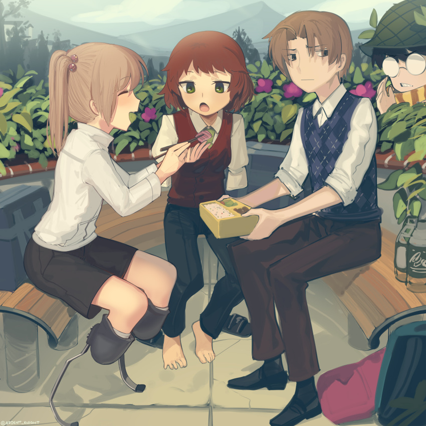 2boys, 2girls, amputee, argyle_vest, bangs, barefoot, bench, bento
