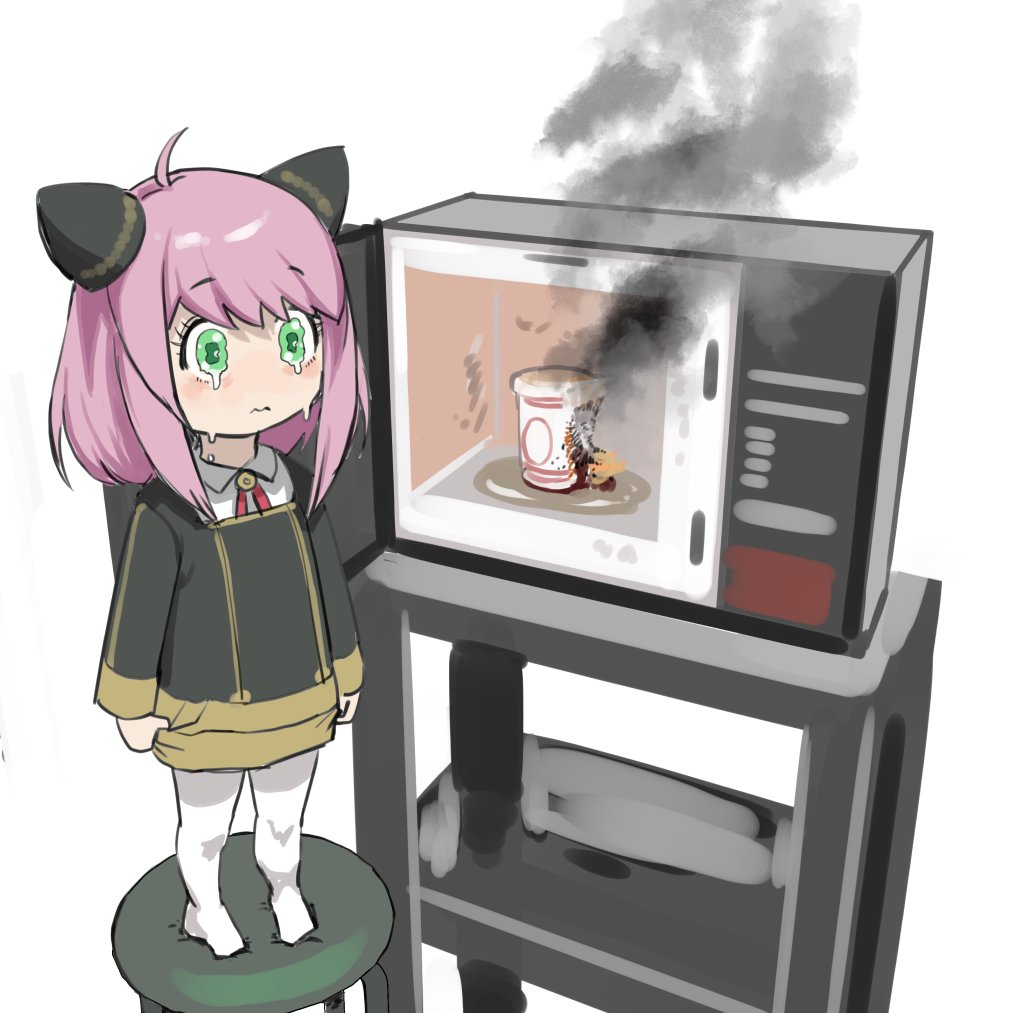 1girl, ahoge, anya_(spy_x_family), bangs, chair, closed_mouth, crying, crying_with_eyes_open, eden_academy_uniform, fire, full_body, green_eyes, long_sleeves, medium_skirt, microwave, pantyhose, pink_hair, ramen, sashizume_soutarou, school_uniform, simple_background, skirt, smoke, solo, spy_x_family, standing, tears, white_background, white_pantyhose
