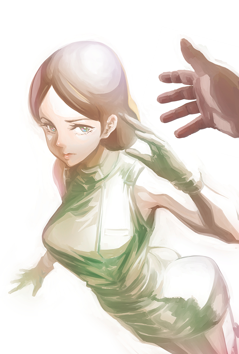 1girl, armpits, ass, blue_eyes, breasts, brown_hair, disembodied_limb, dress